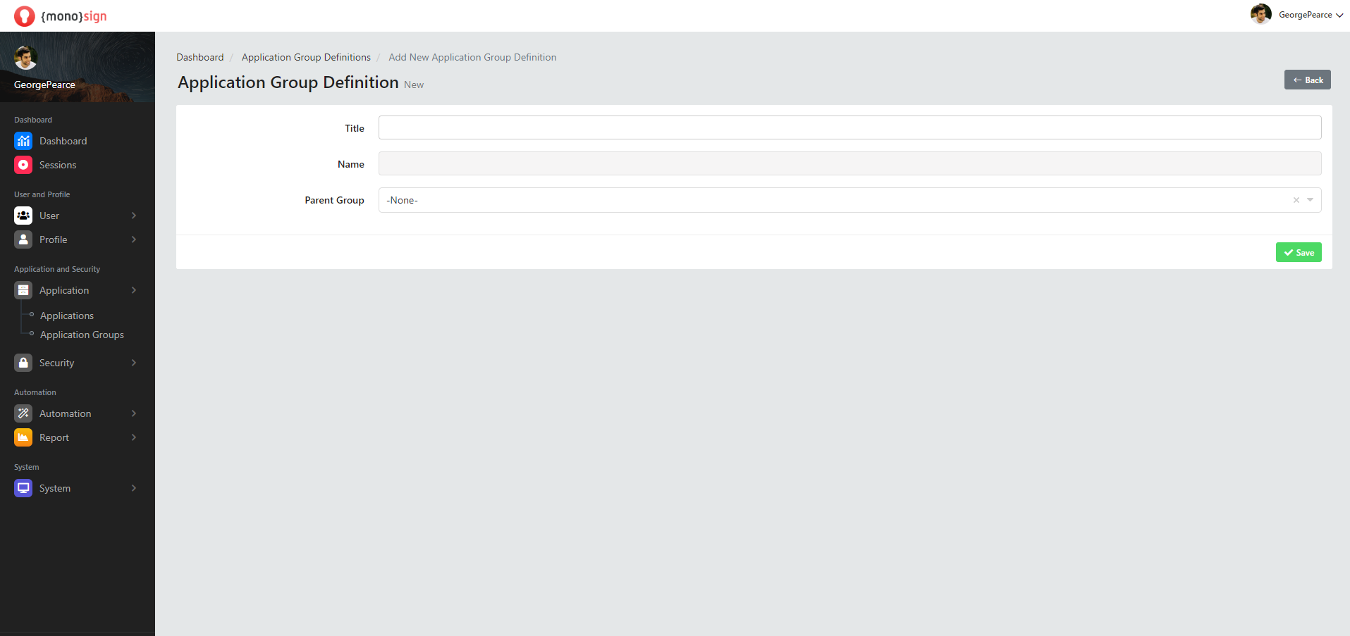 Application Group Definitions Add New Application Group Definition