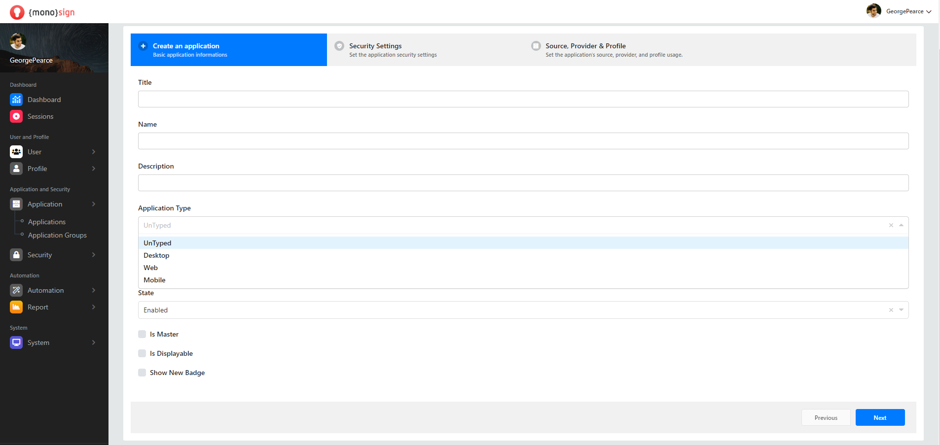 Applications New Application Create an Application Application Type