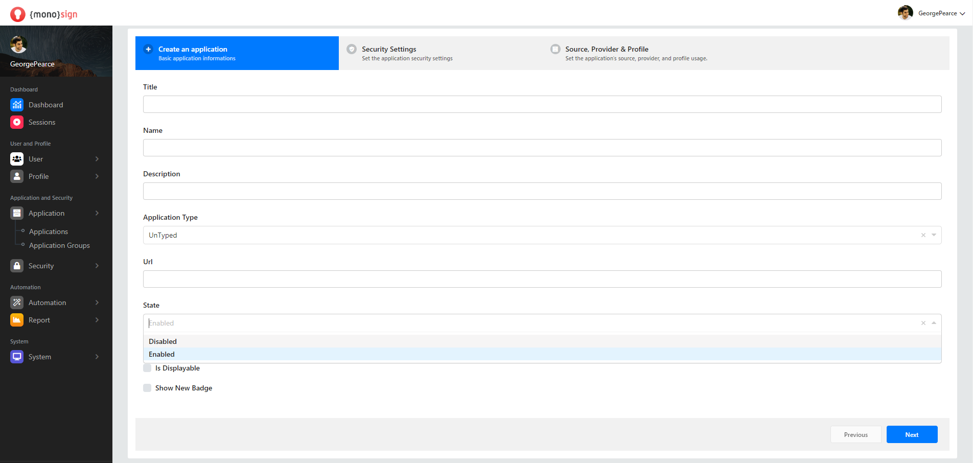 Applications New Application Create an Application State