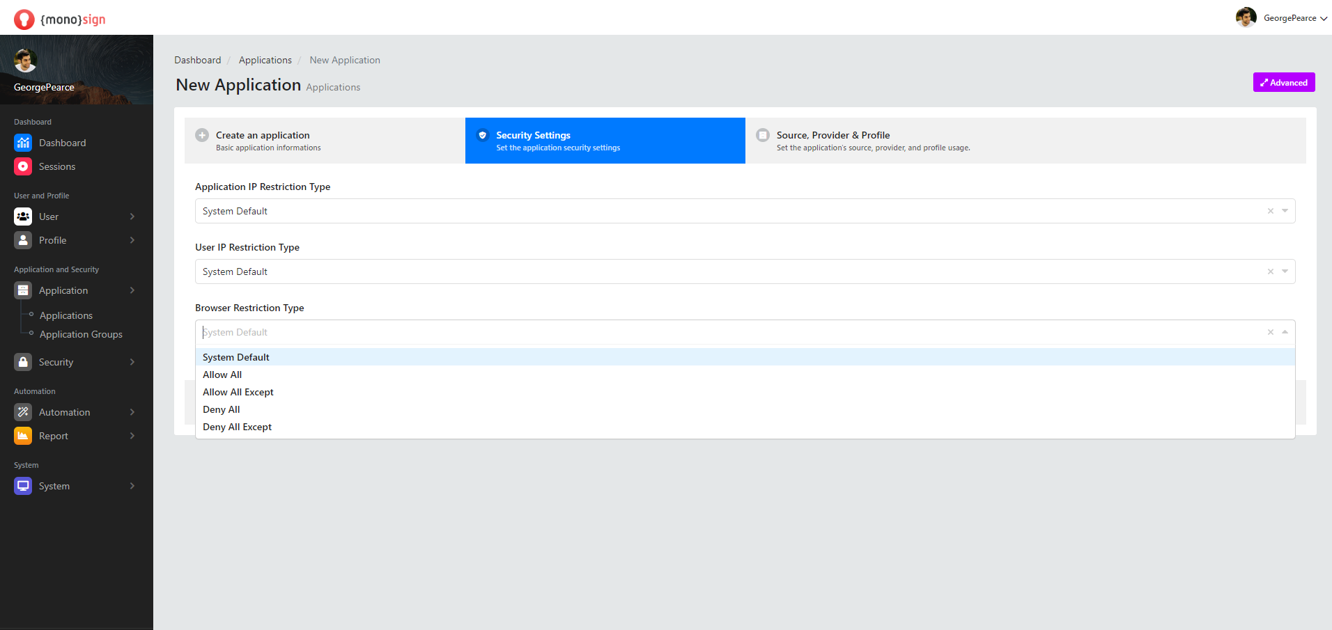 Applications New Application Security Settings Application Browser Ip Restriction Type