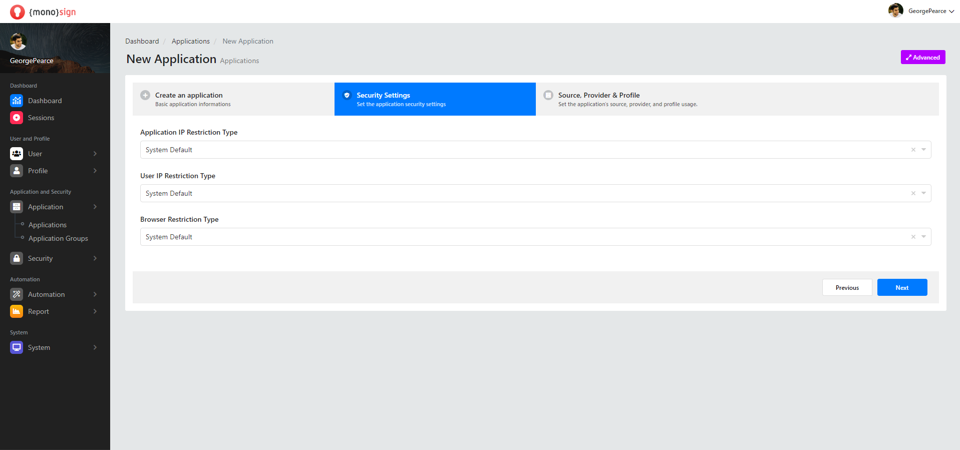 Applications New Application Security Settings