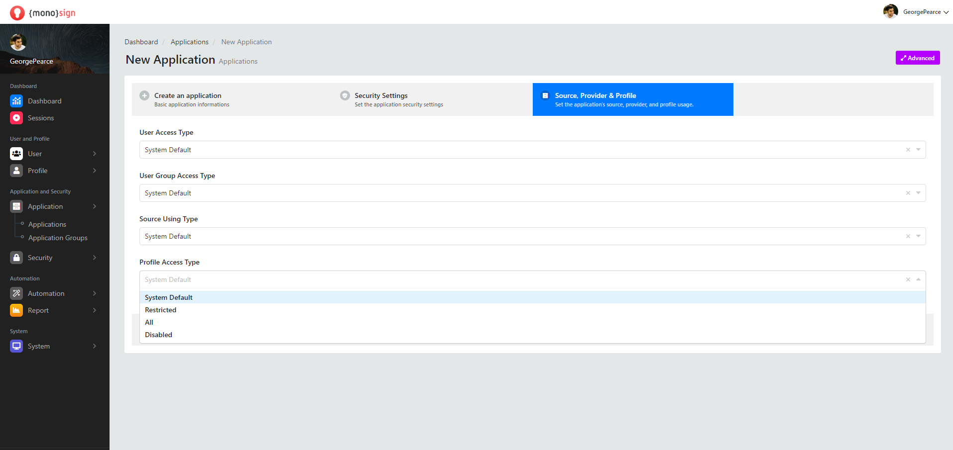 Applications New Application Source, Provider & Profile Profile Access Type