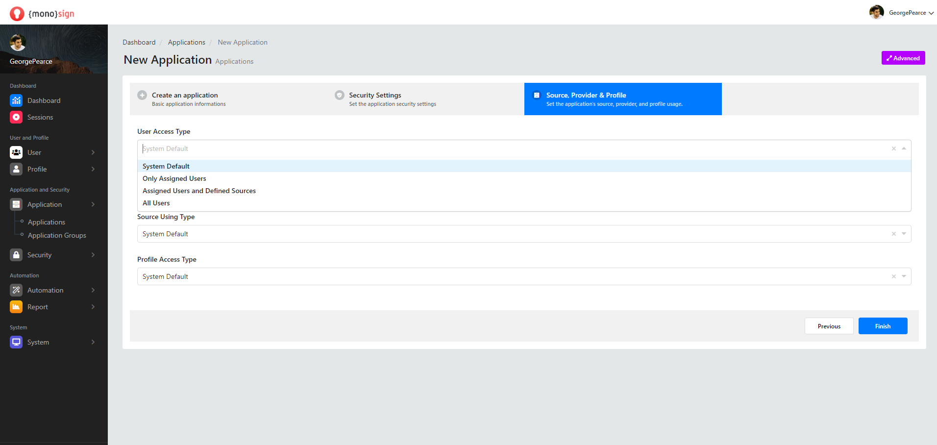 Applications New Application Source, Provider & Profile User Group Access Type