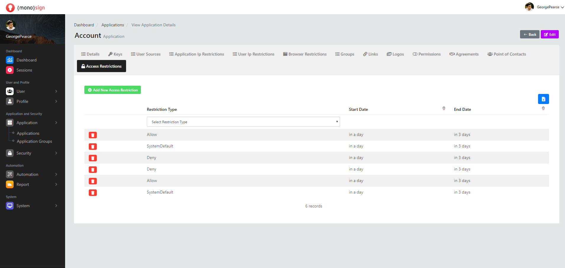 View Application Details Access Restrictions