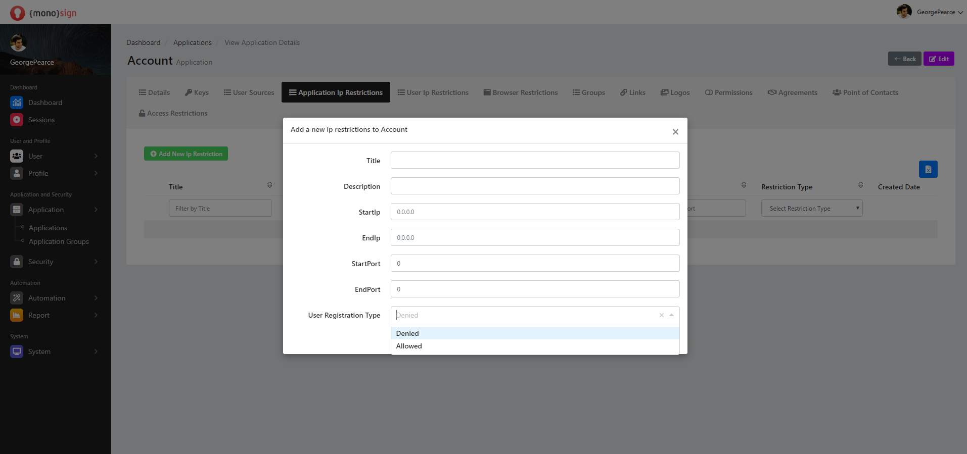 View Application Details Application Ip Restrictions Restriction Type