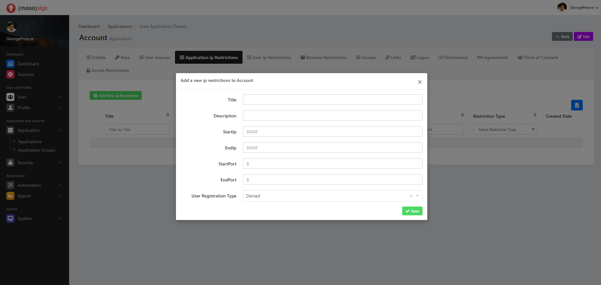 View Application Details Application Ip Restrictions Restriction Type