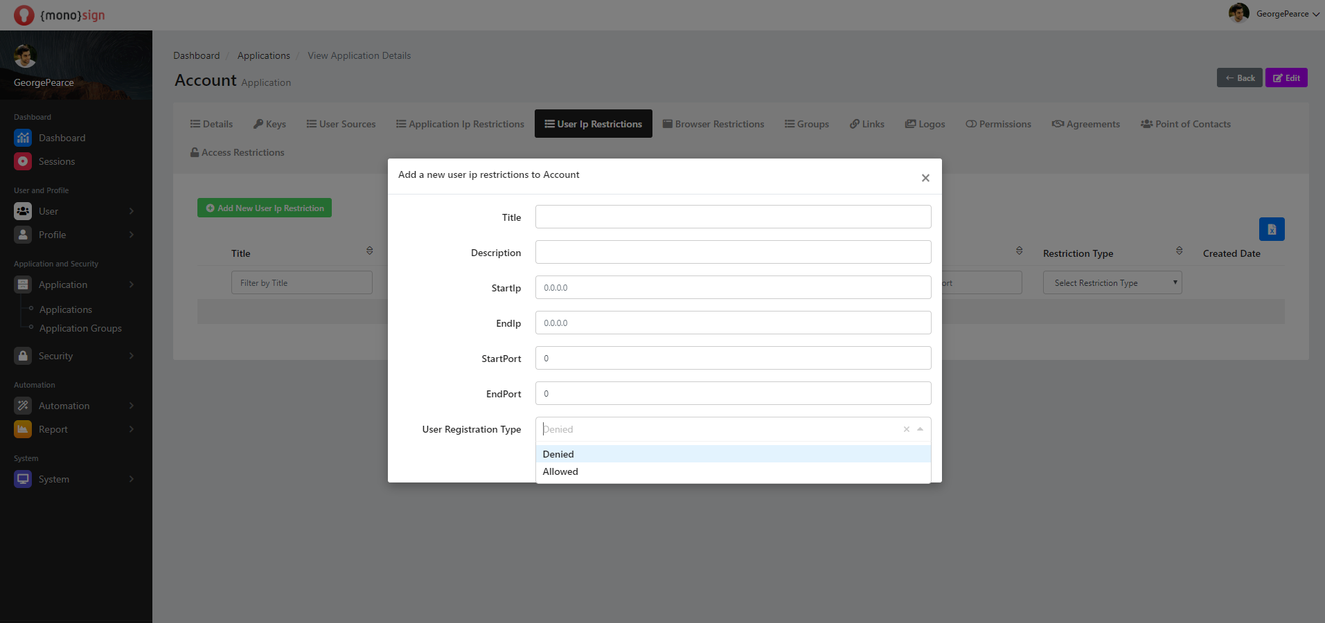 View Application Details Application Add NewUser Ip Restrictions Restriction