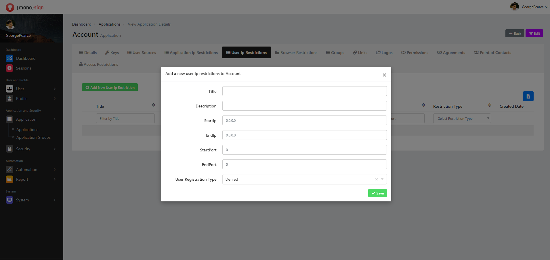 View Application Details Application User Ip Restrictions Restrictions