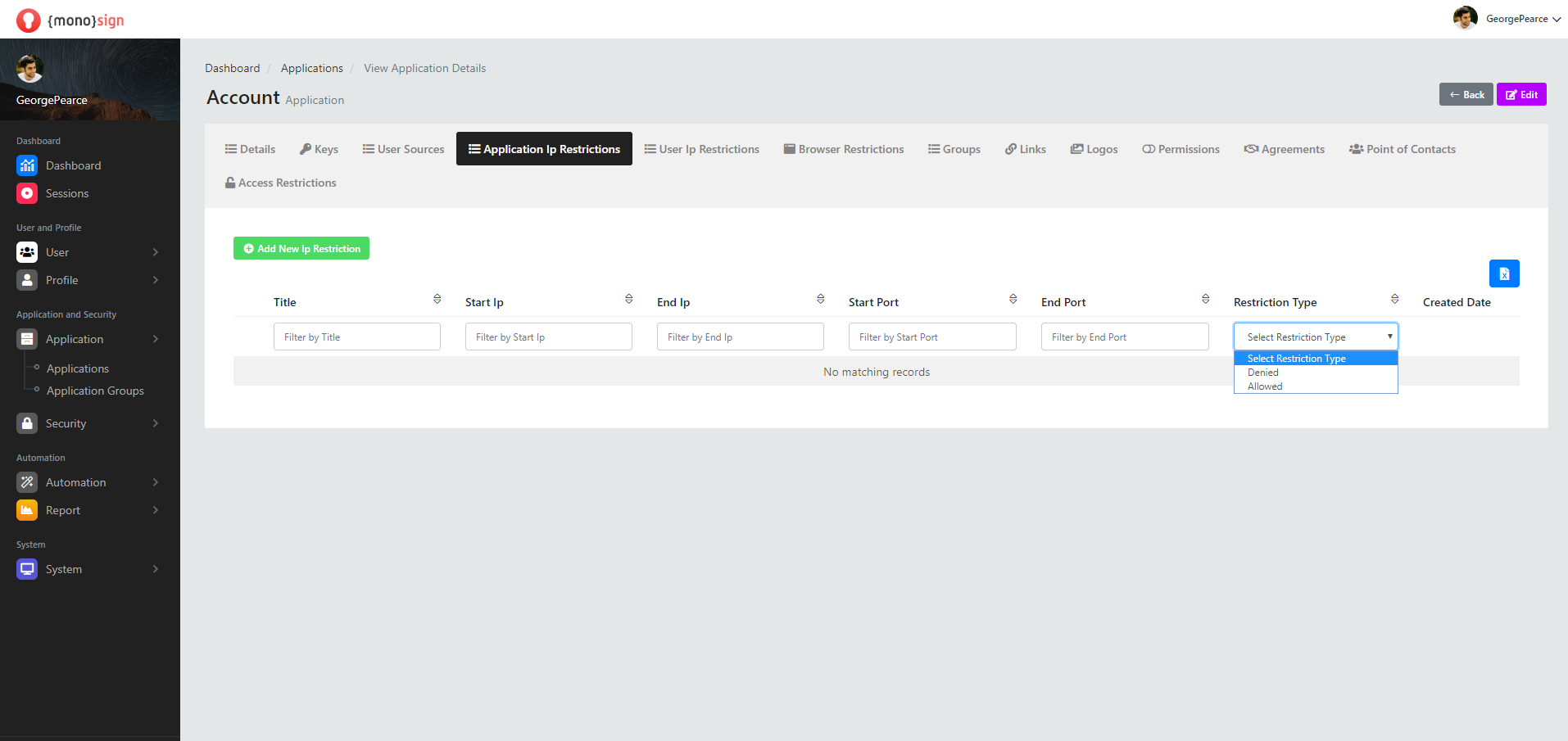 View Application Details Application Ip Restrictions Restriction Type