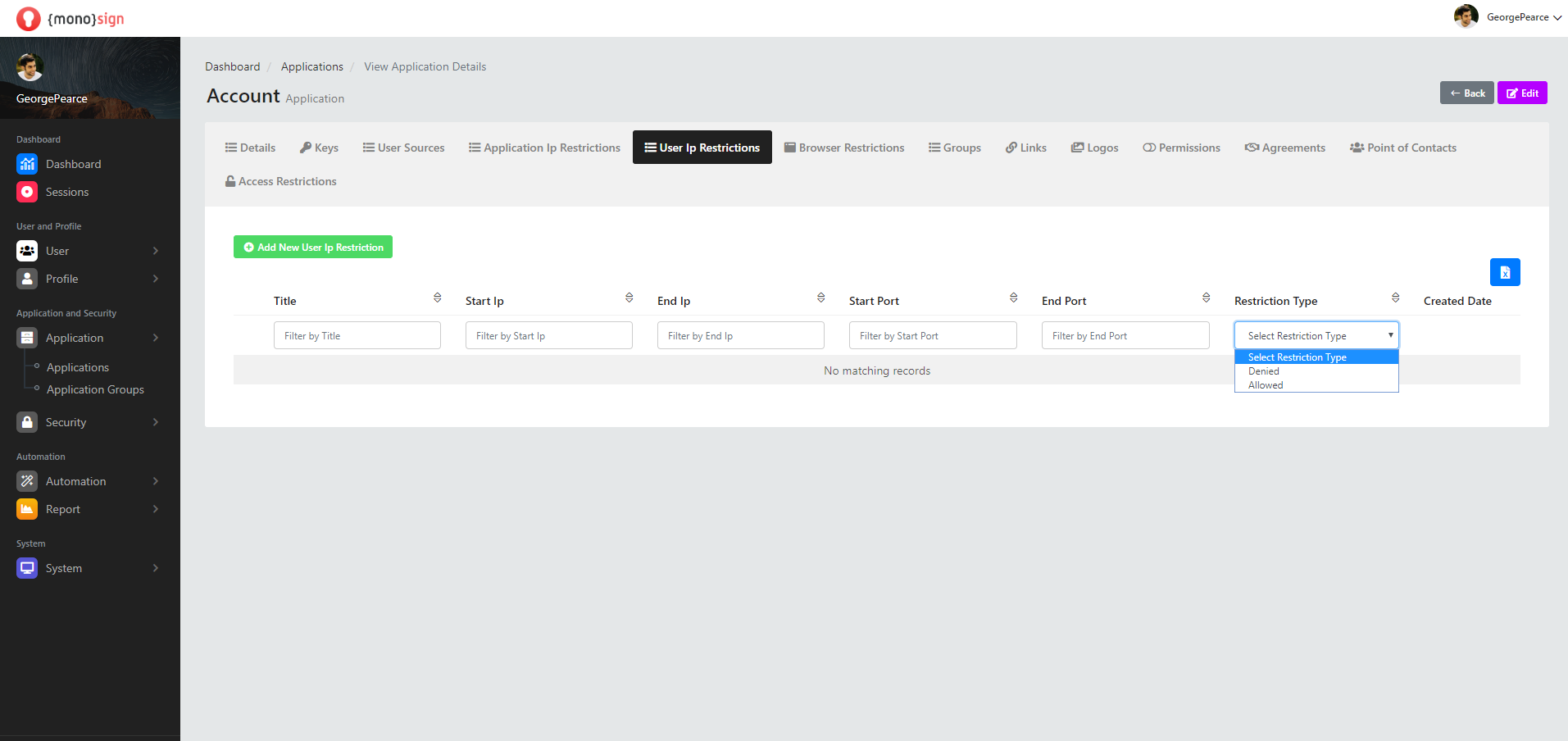View Application Details Application Ip Restrictions Restriction Type