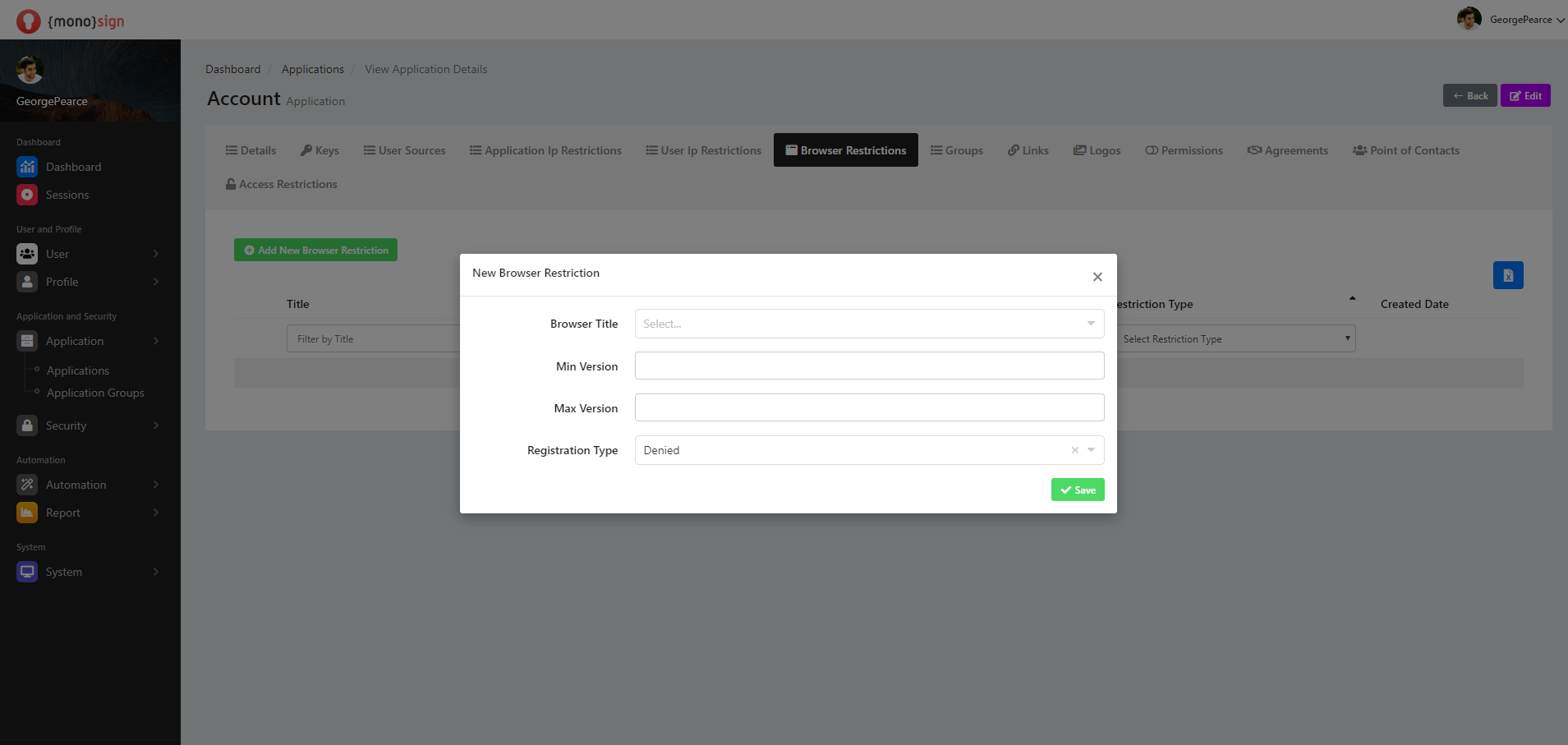 View Application Details Application Add New Browser Restrictions