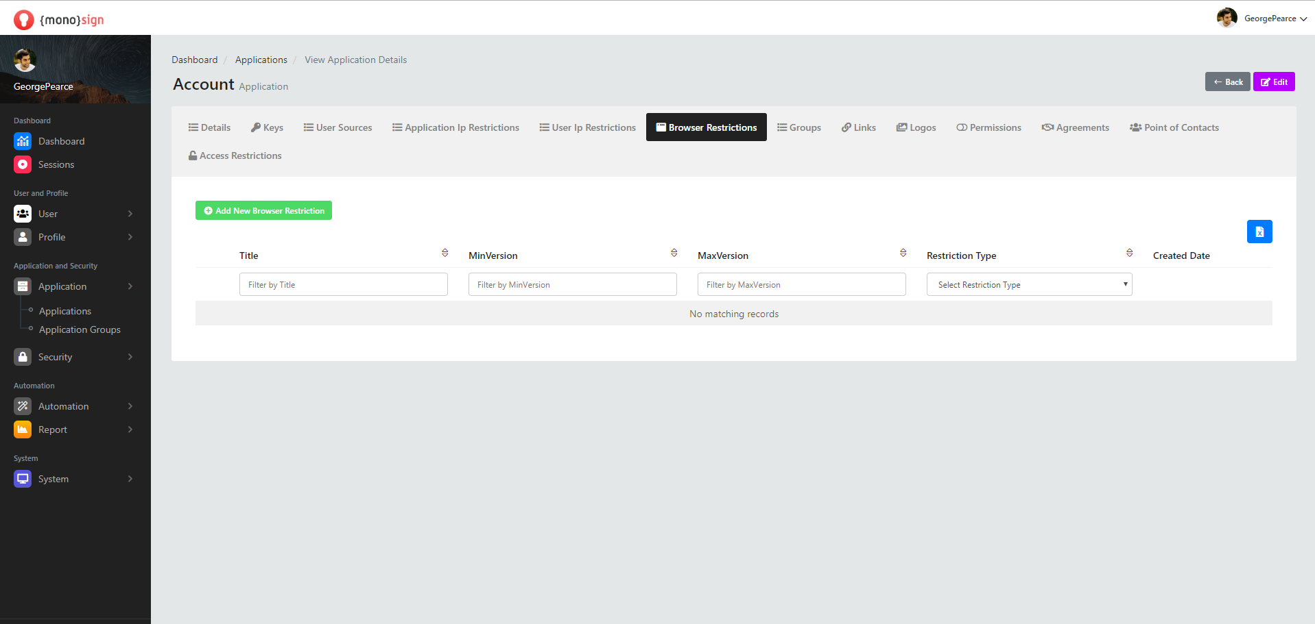 View Application Details Application Browser Restrictions