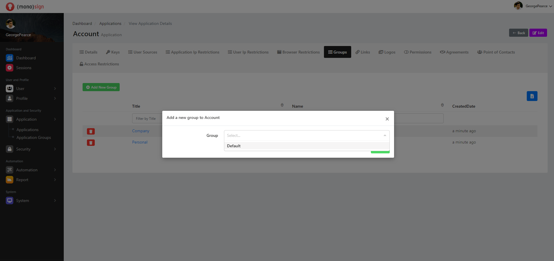 View Application Details Groups Add New Application Group