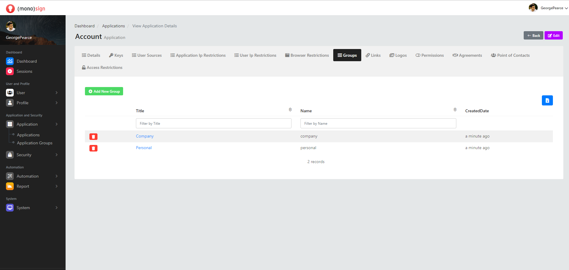 View Application Details Groups