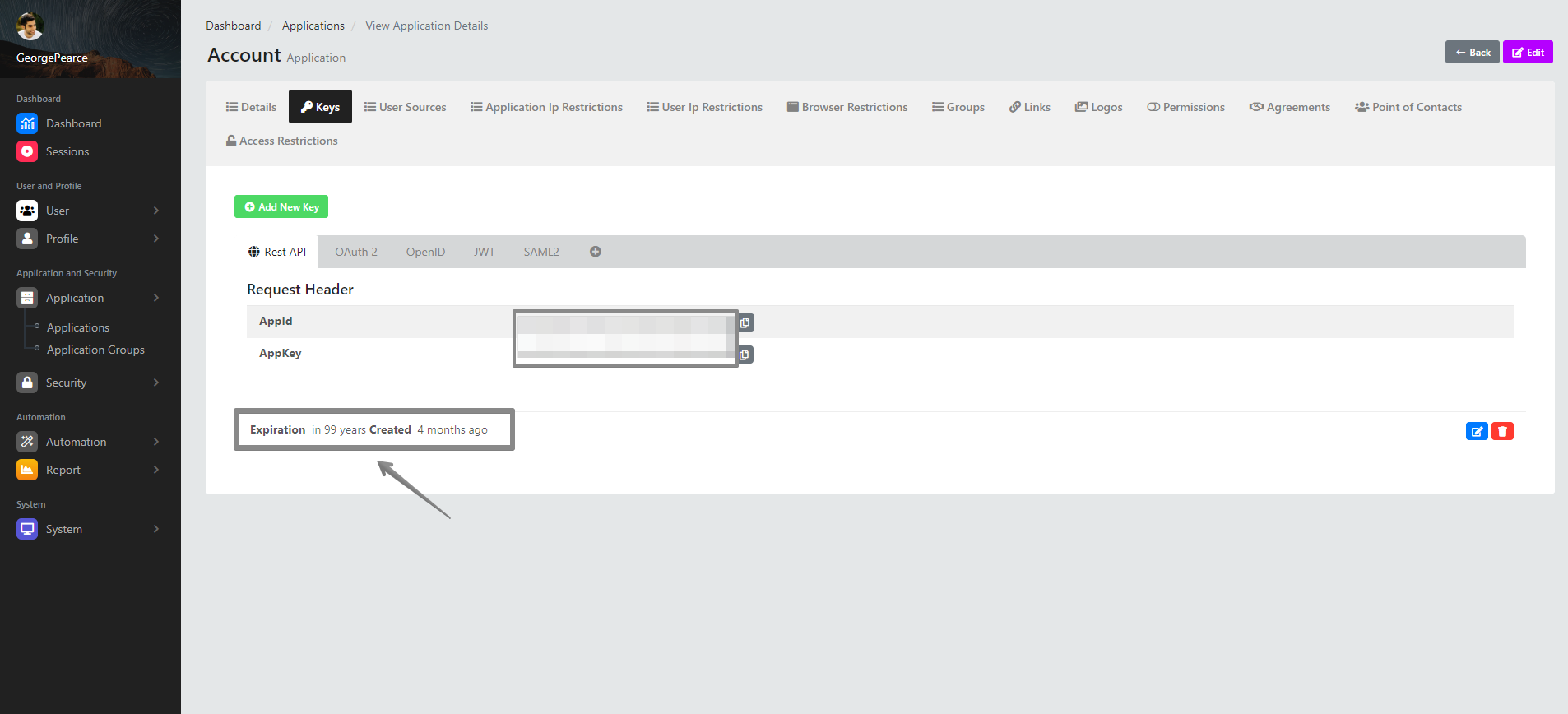 View Application Details Keys