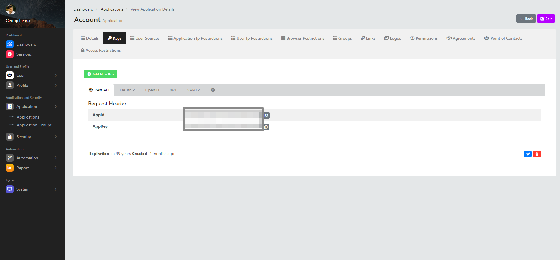 View Application Details Keys