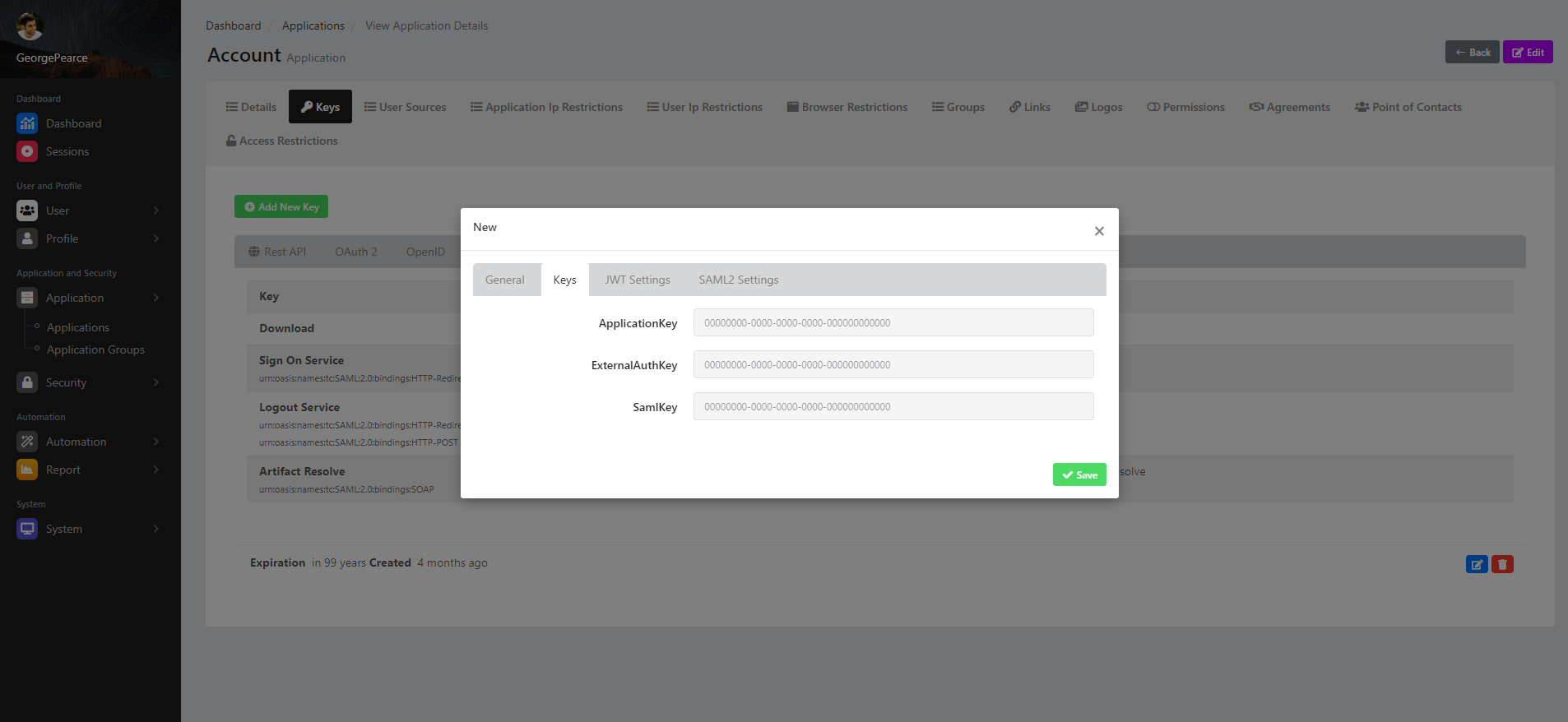View Application Details Keys New General State