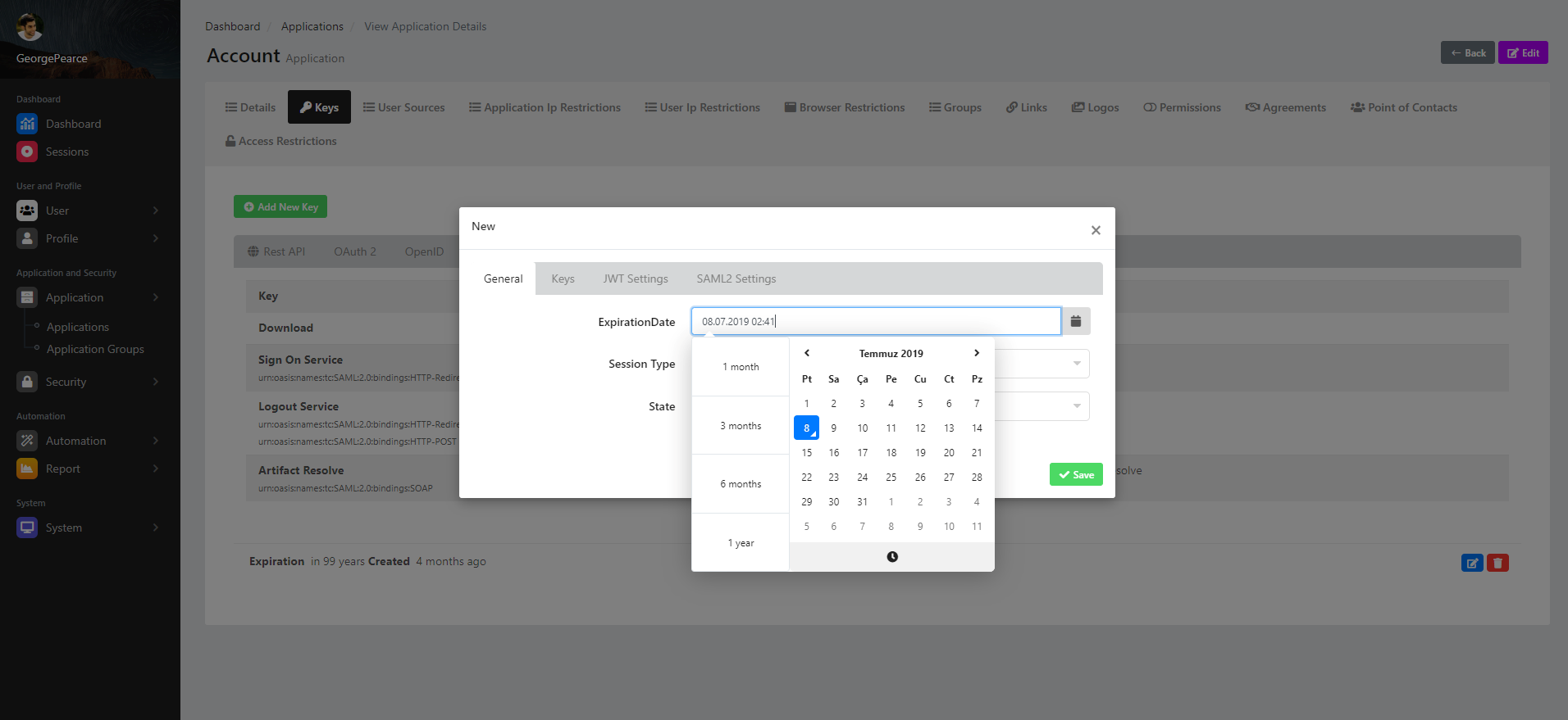 View Application Details Keys New General Expiration