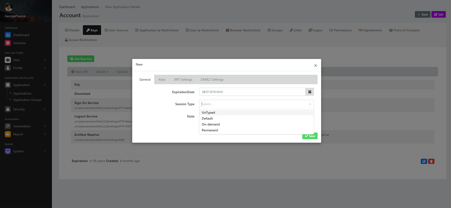 View Application Details Keys New General Session Type