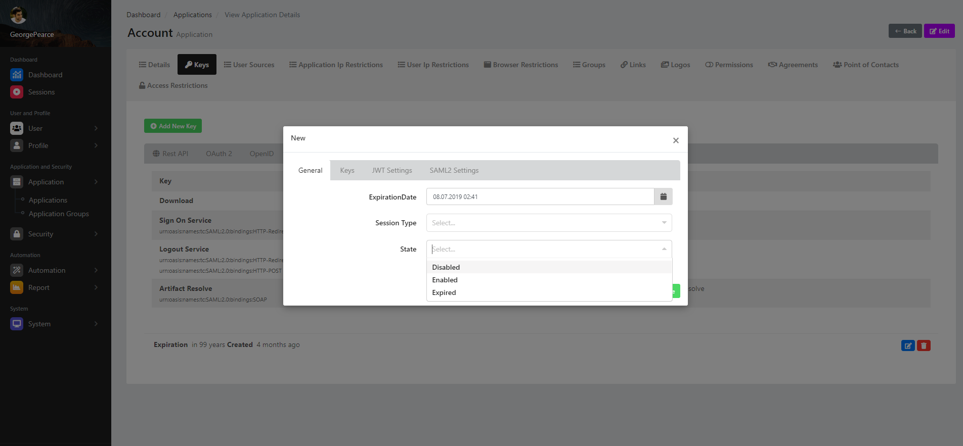 View Application Details Keys New General State