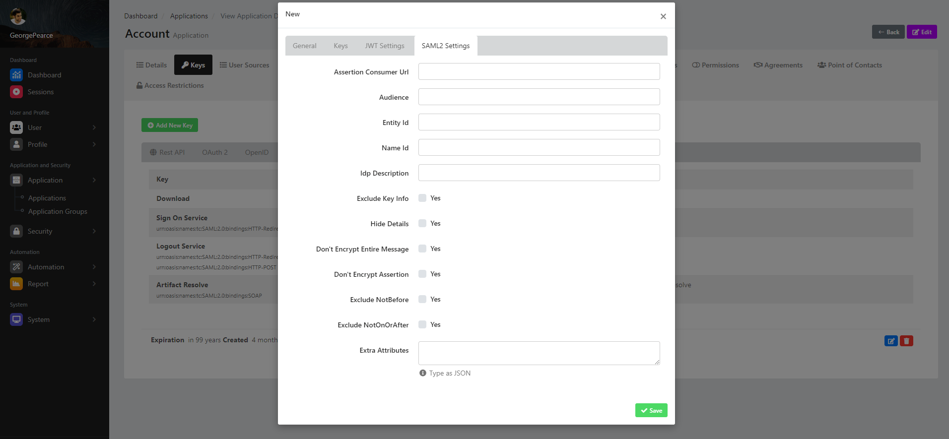 View Application Details Keys New SAML2 Settings