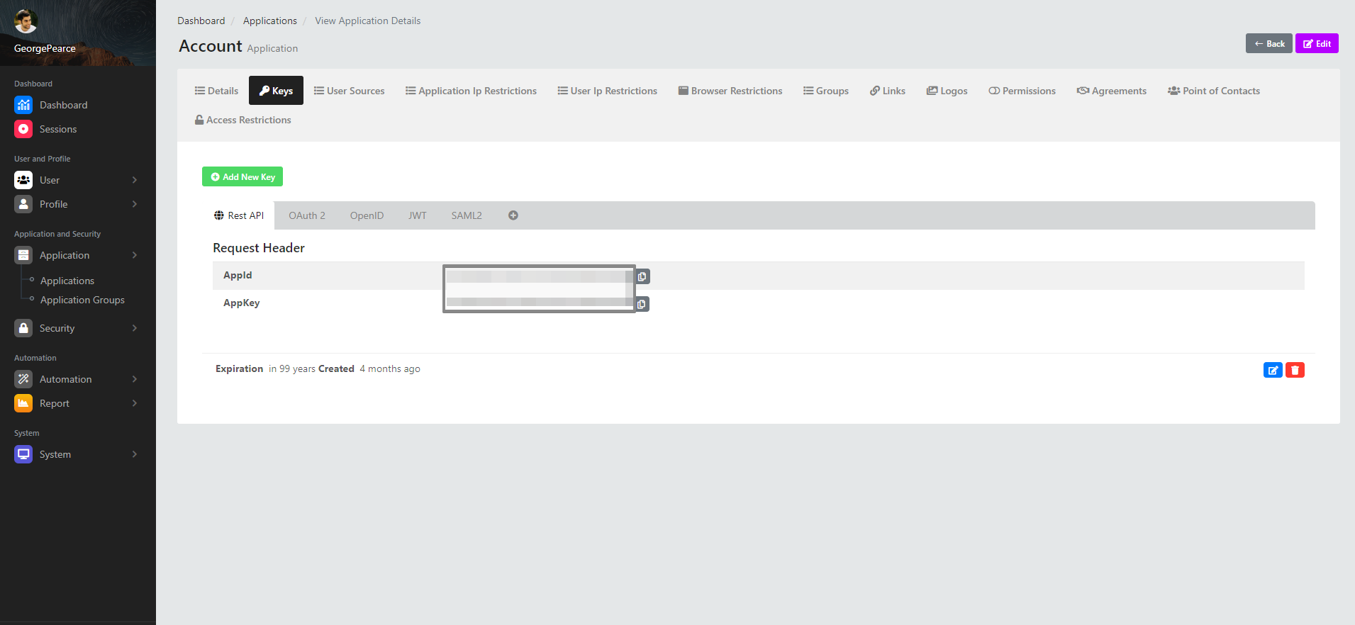 View Application Details Keys
