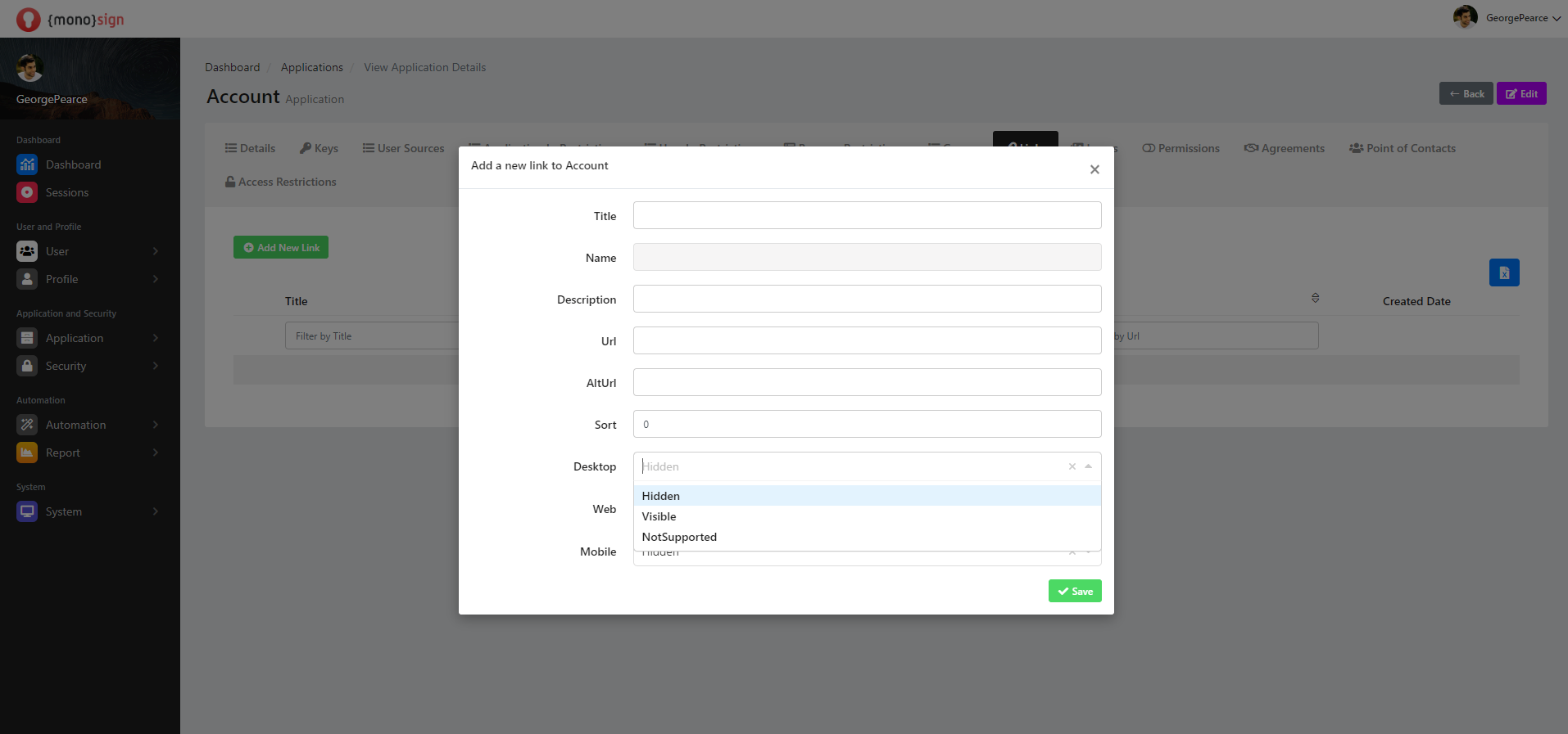 View Application Details Links Add New Link Dekstop