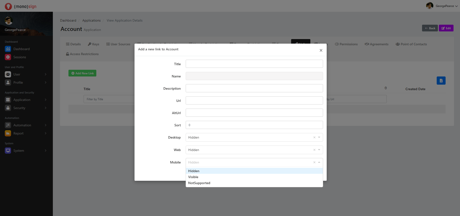 View Application Details Links Add New Link Mobile