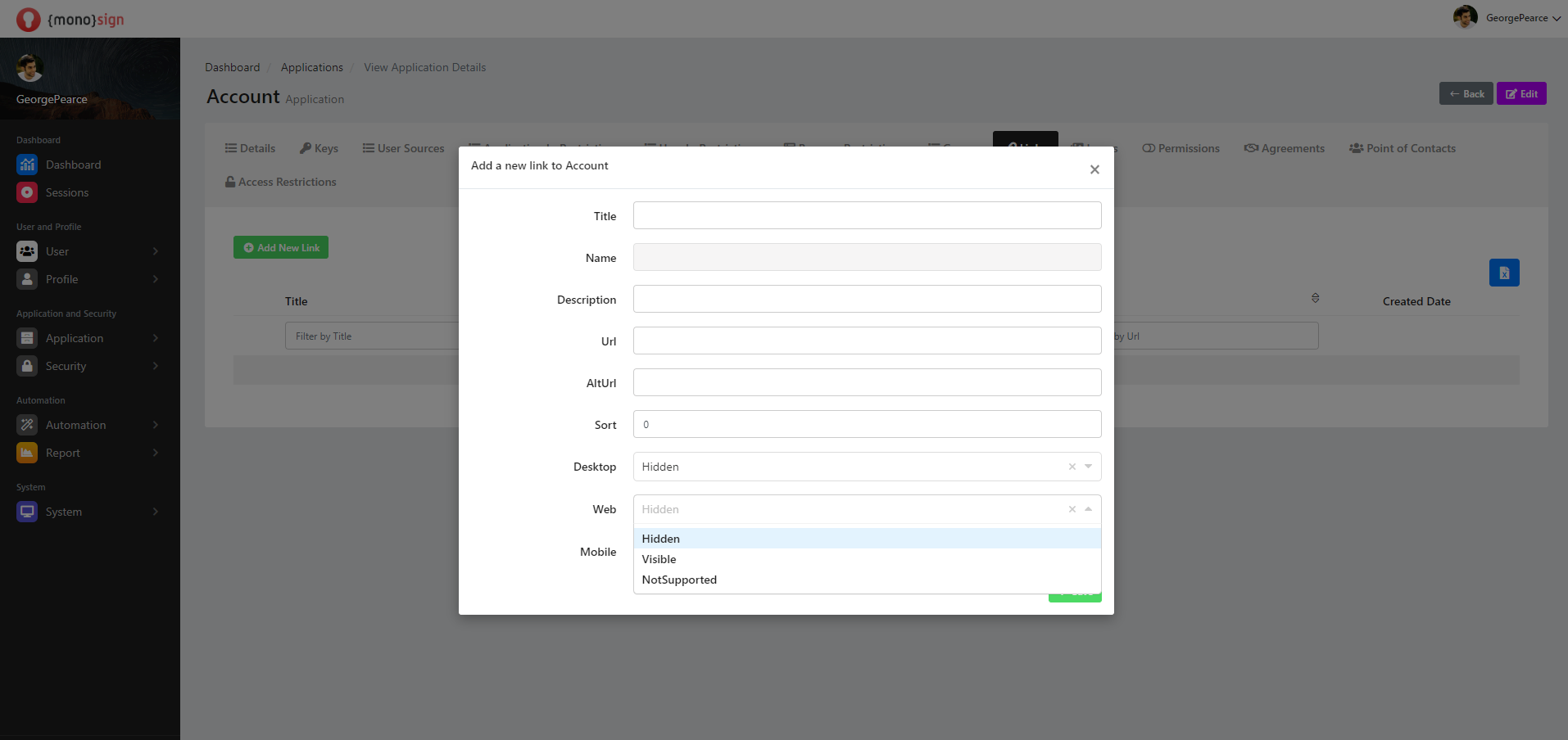 View Application Details Links Add New Link Web