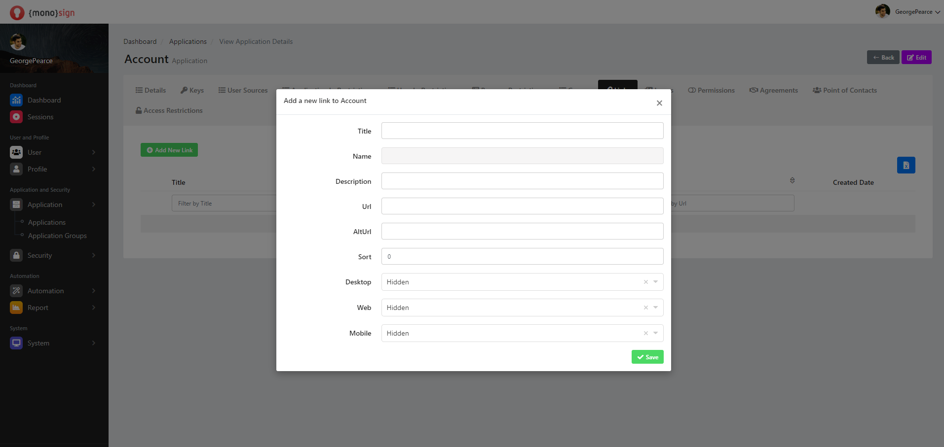 View Application Details Links Add New Link