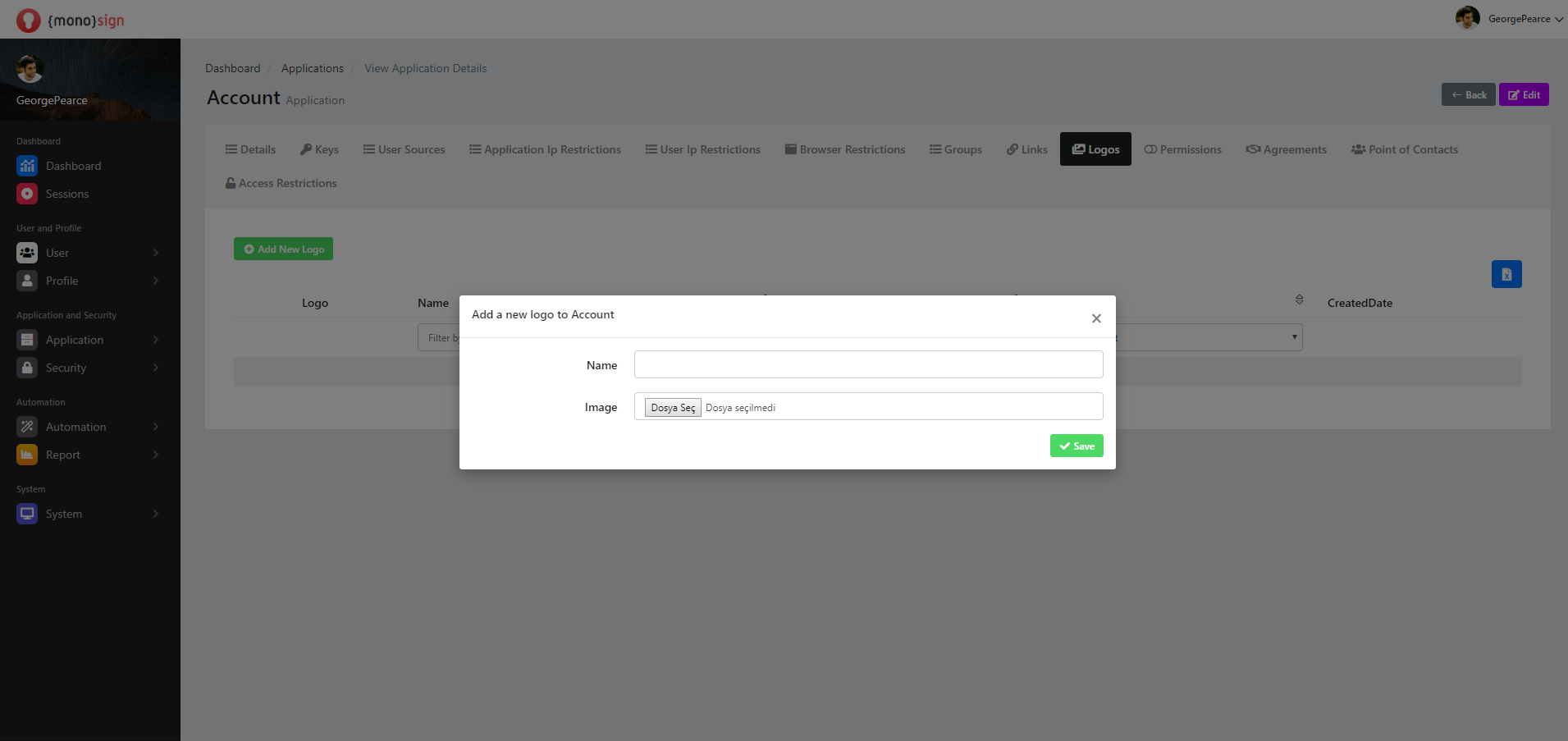 View Application Details Logos Add New Logo