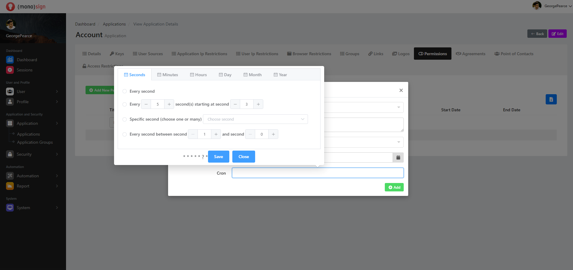 View Application Details Permissions Add New Permission Cron