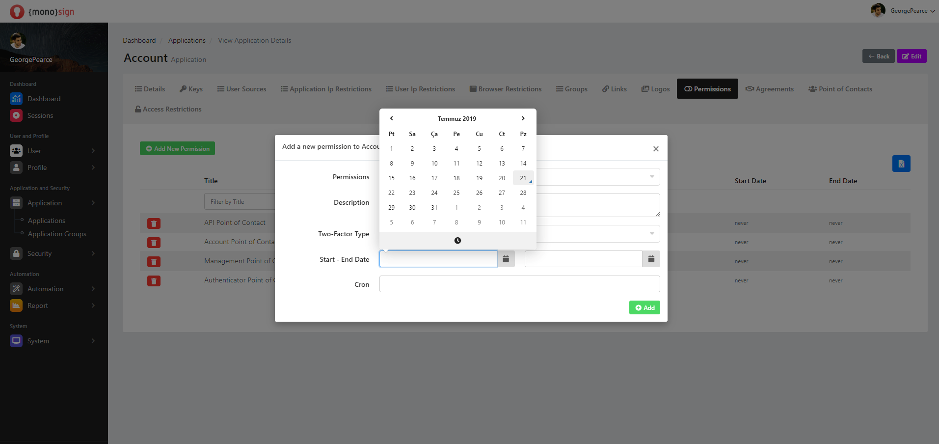 View Application Details Permissions Add New Permission Two Factor Type