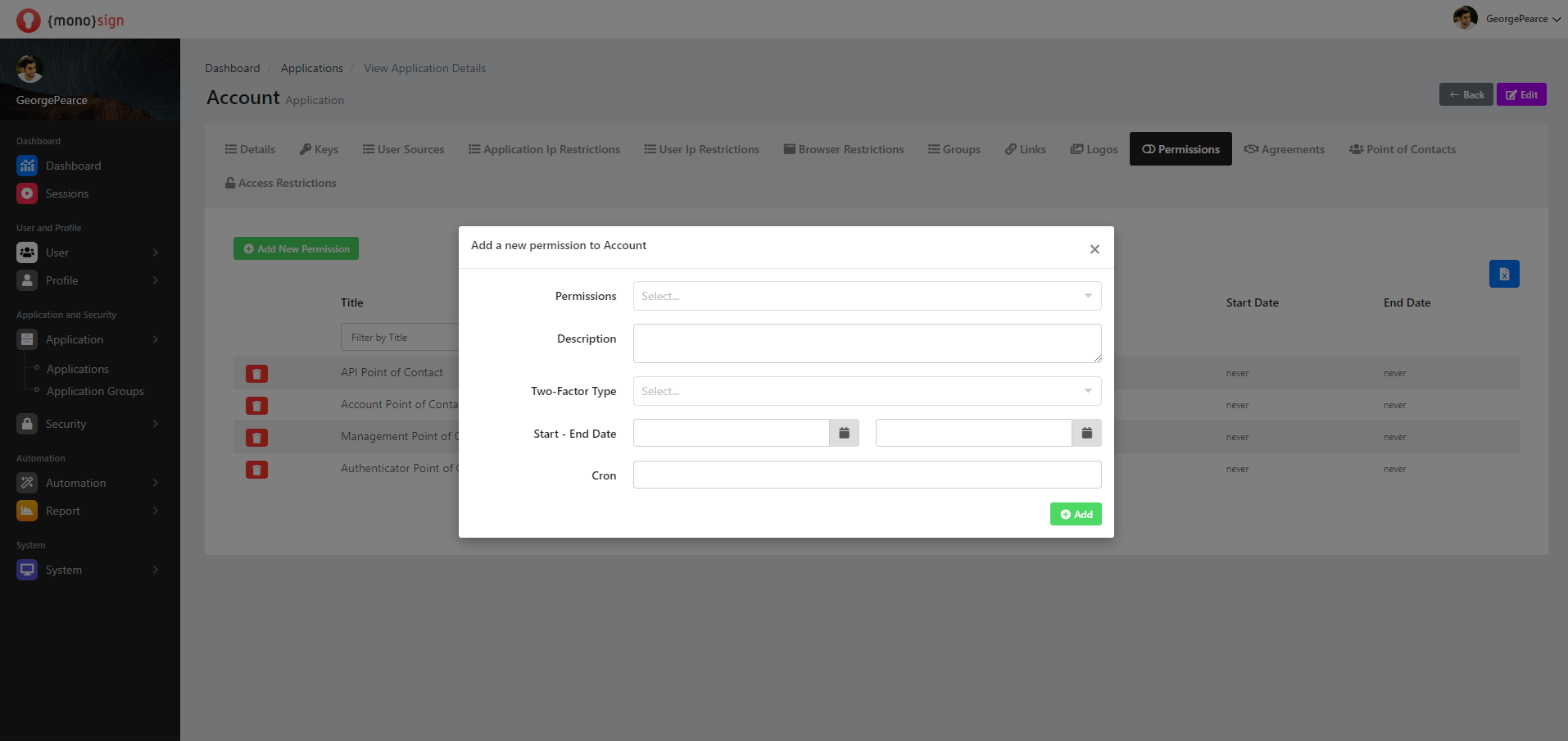 View Application Details Permissions Add New Permission