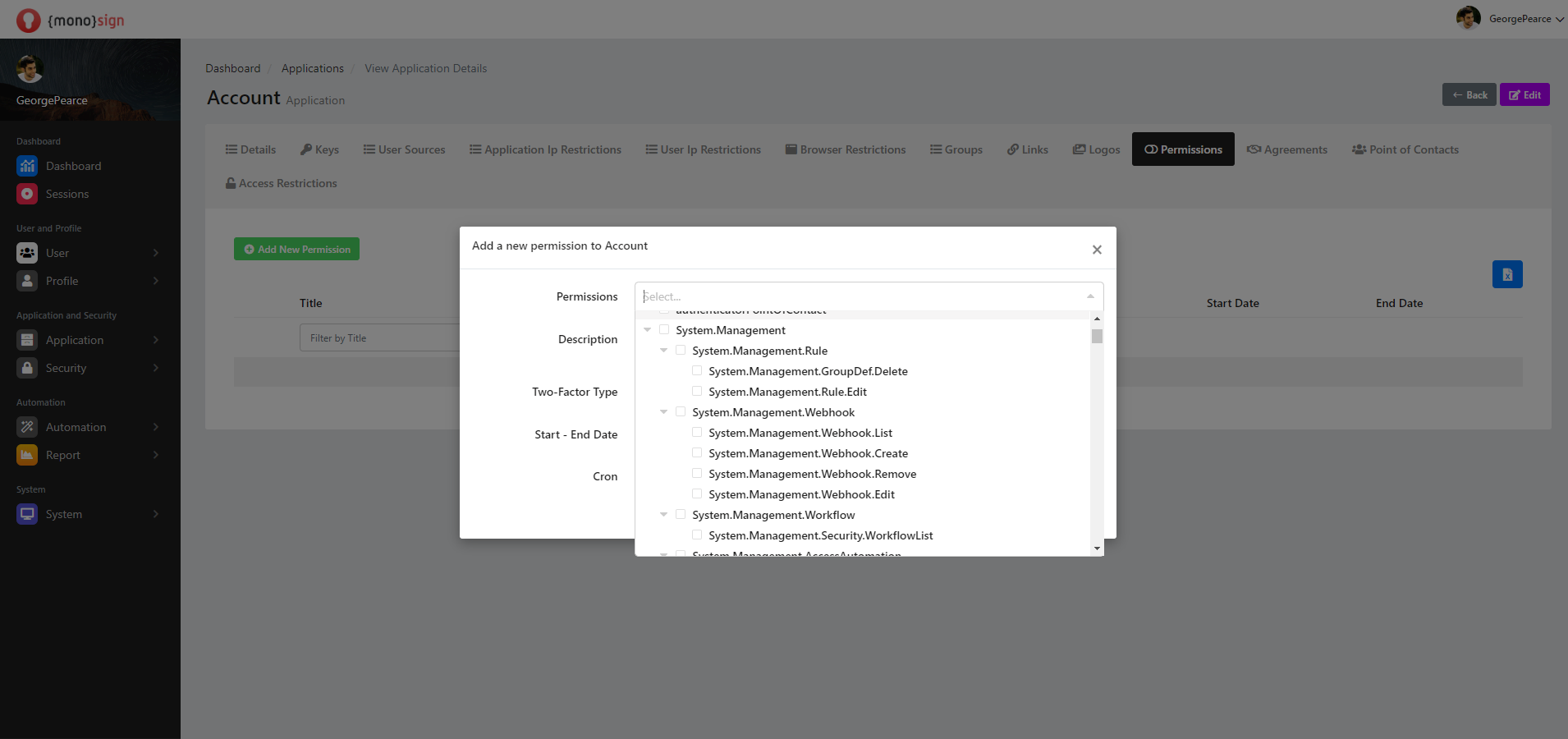 View Application Details Permissions Add New Permission Persmissions