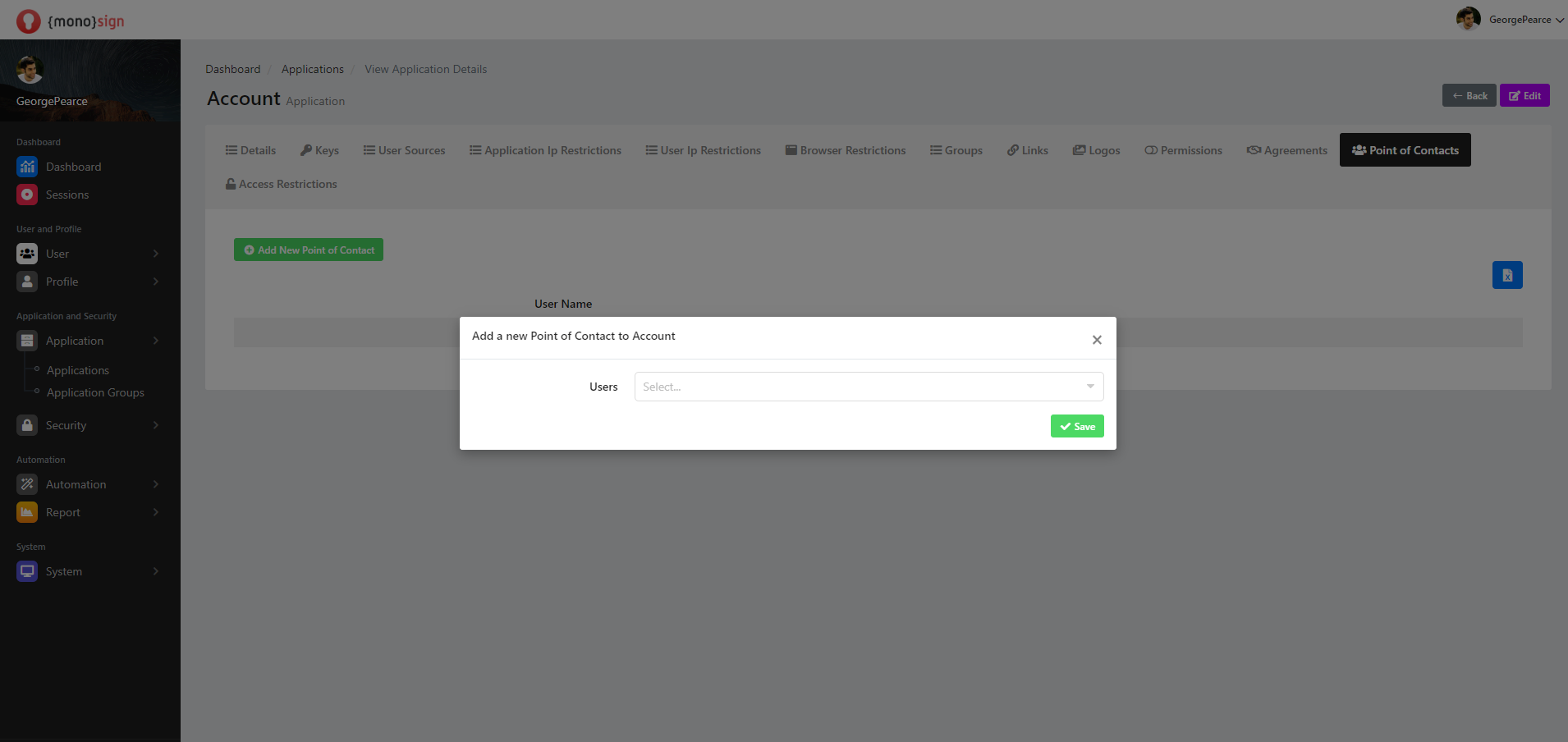 View Application Details Point of Contacts Add New Contact