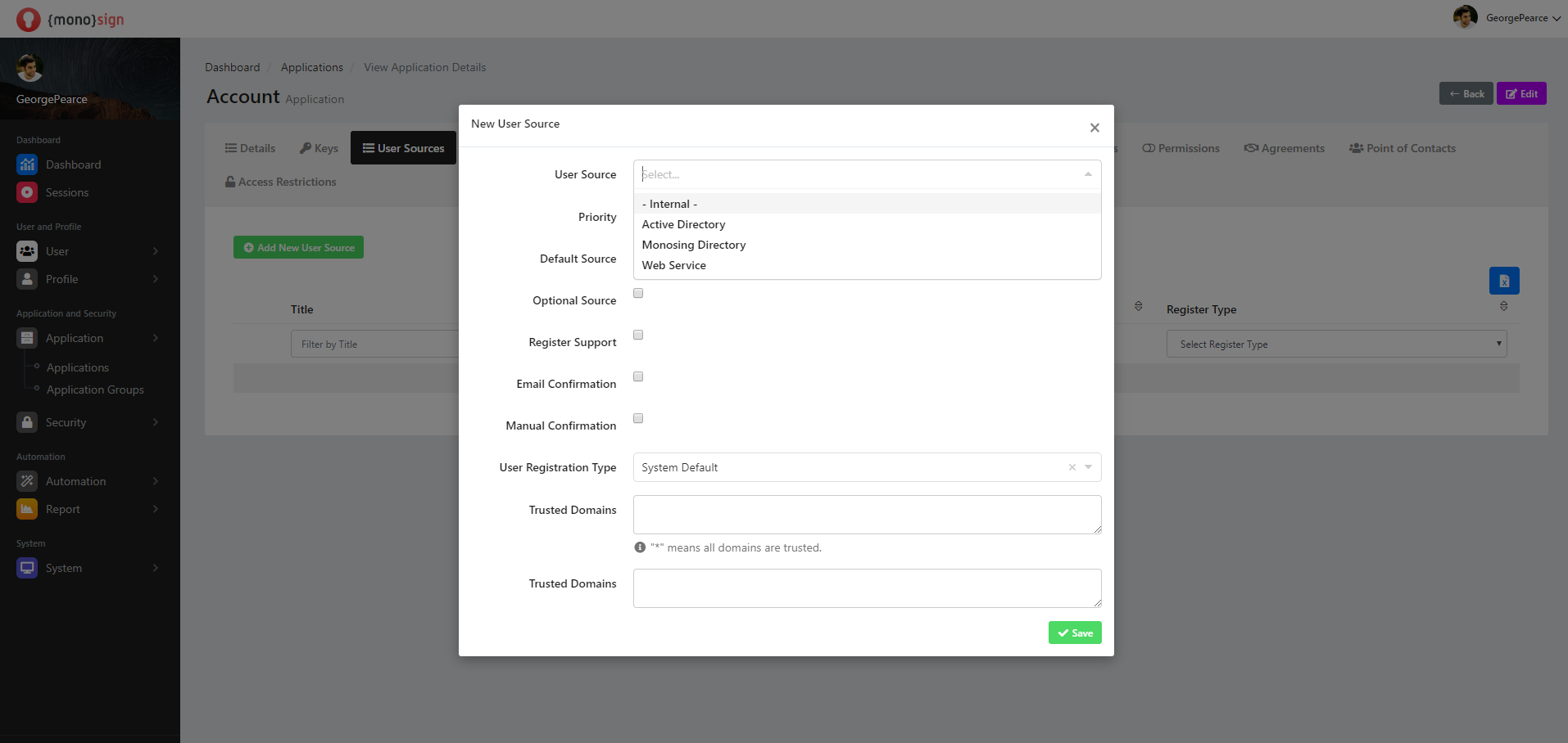 View Application Details User Sources Add New User / User Source