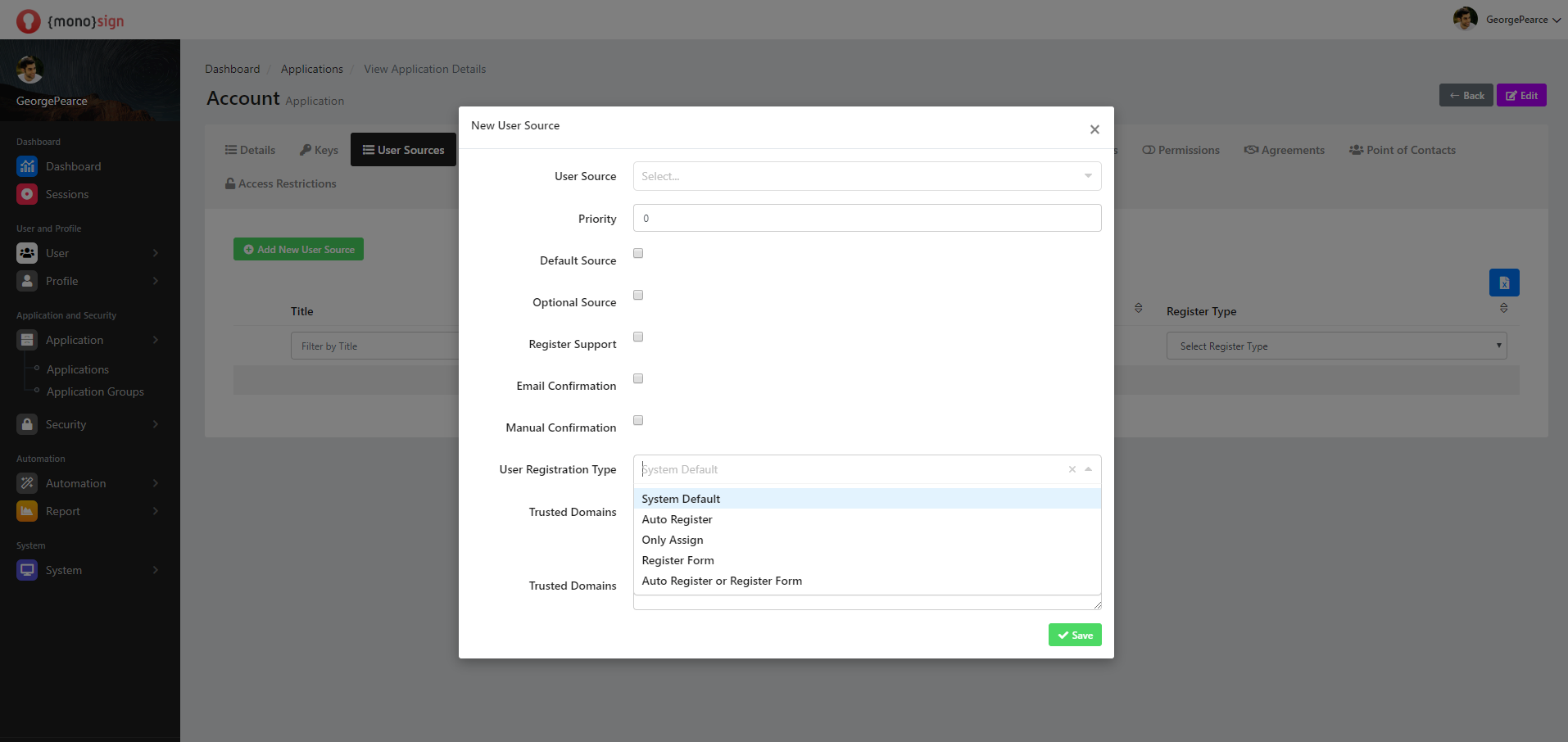 View Application Details User Sources Add New User / Registration Type