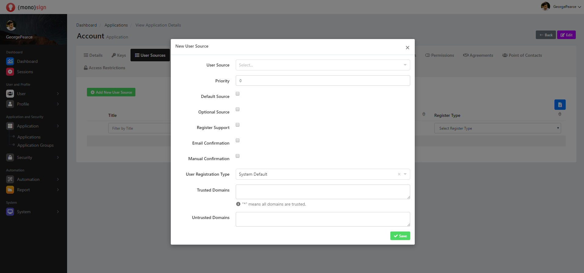 View Application Details User Sources Add New User