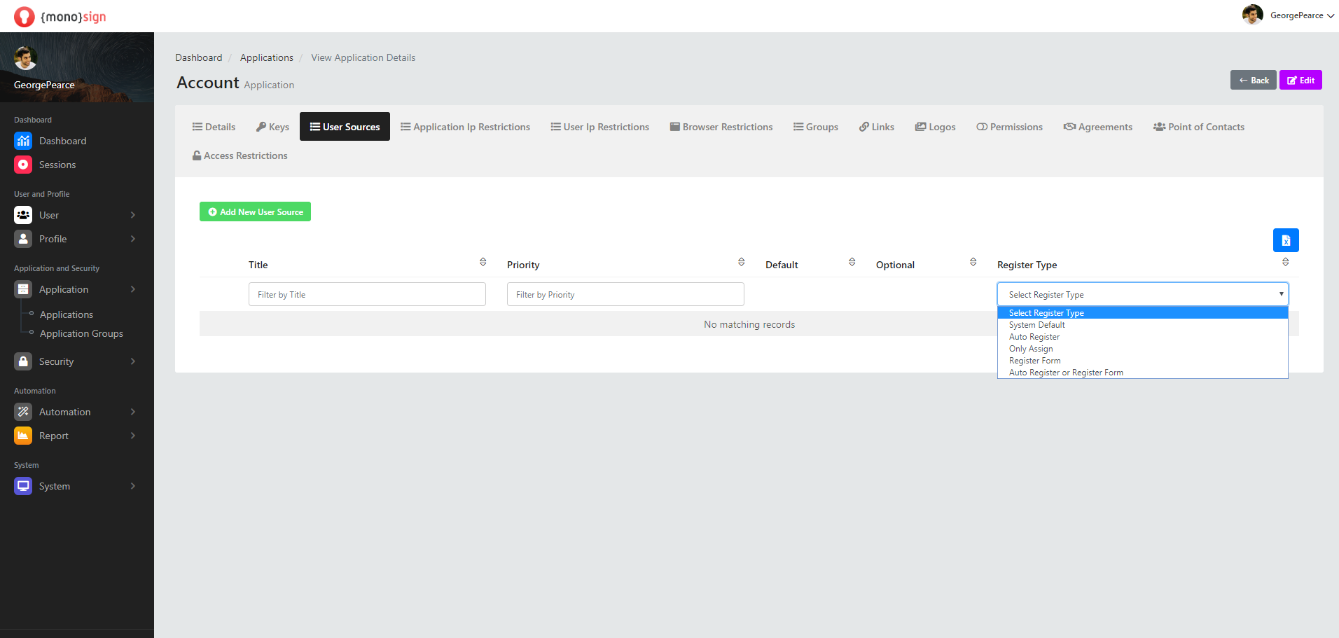 View Application Details User Sources Register Type