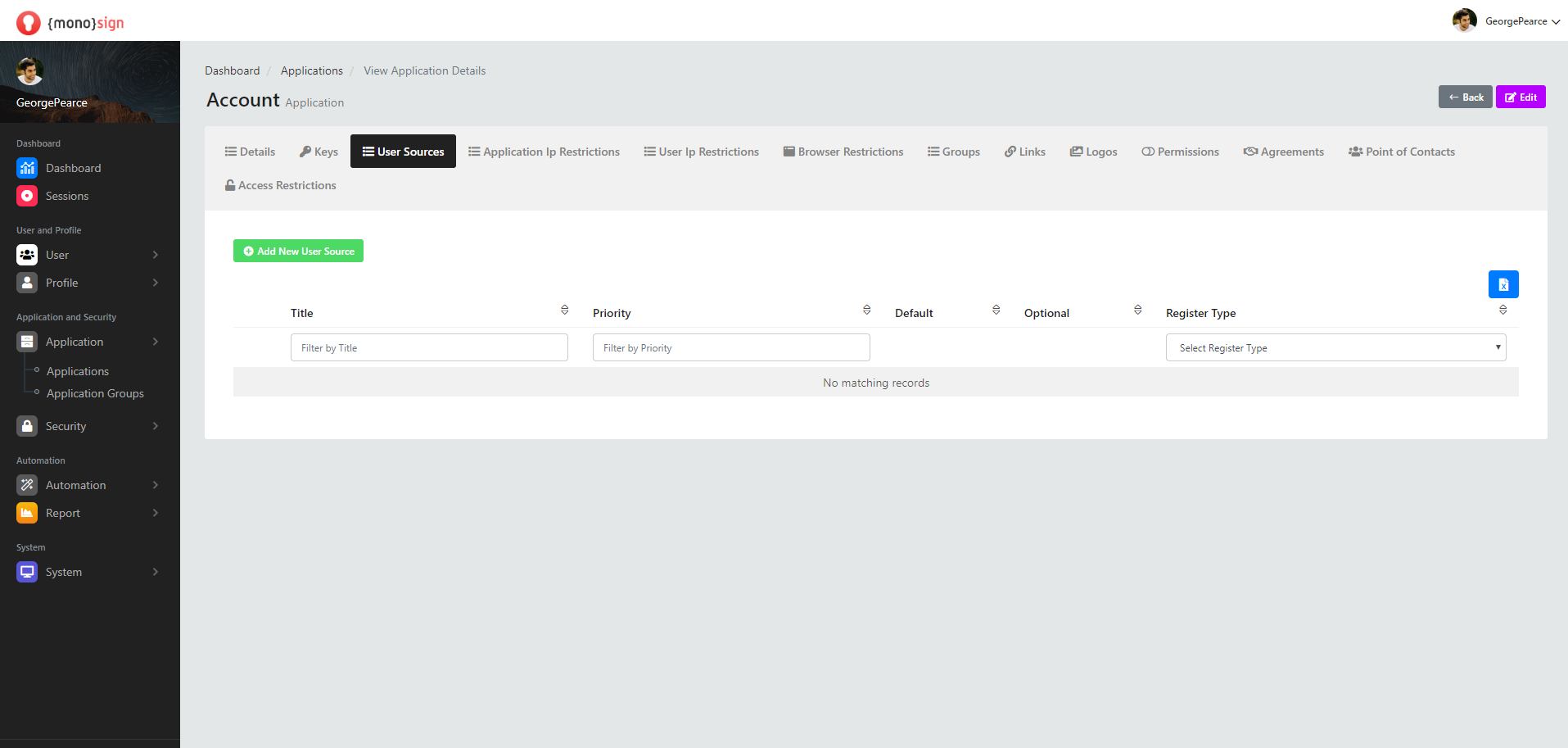 View Application Details User Sources