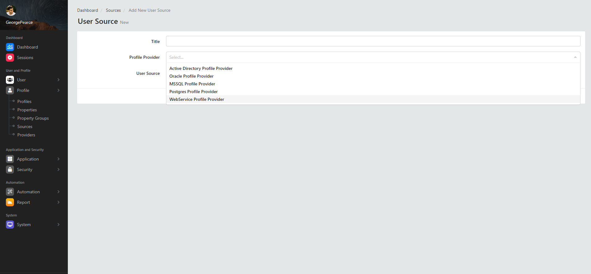 Create New Profile Sources Profile Provider