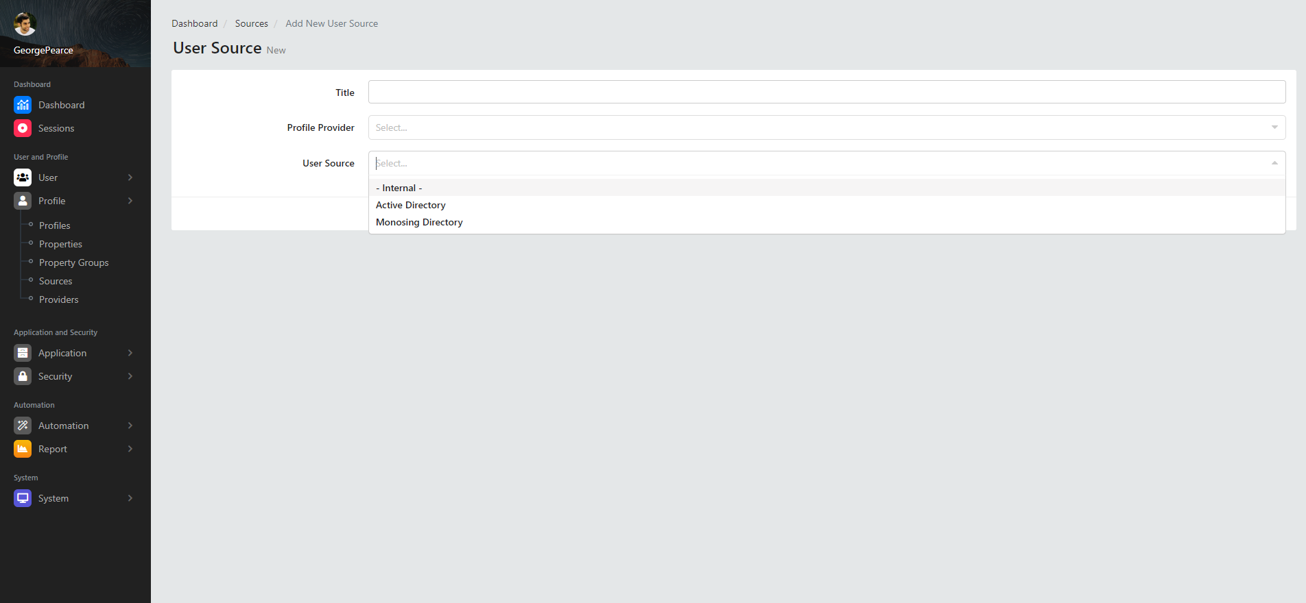 Create New Profile Sources User Source