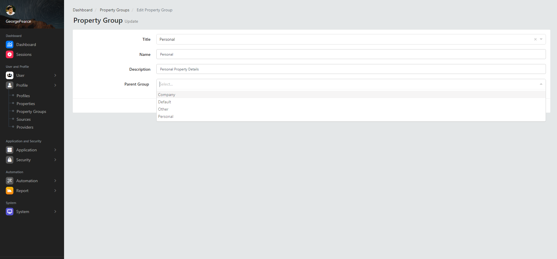 Edit Property Group Details Edit Button