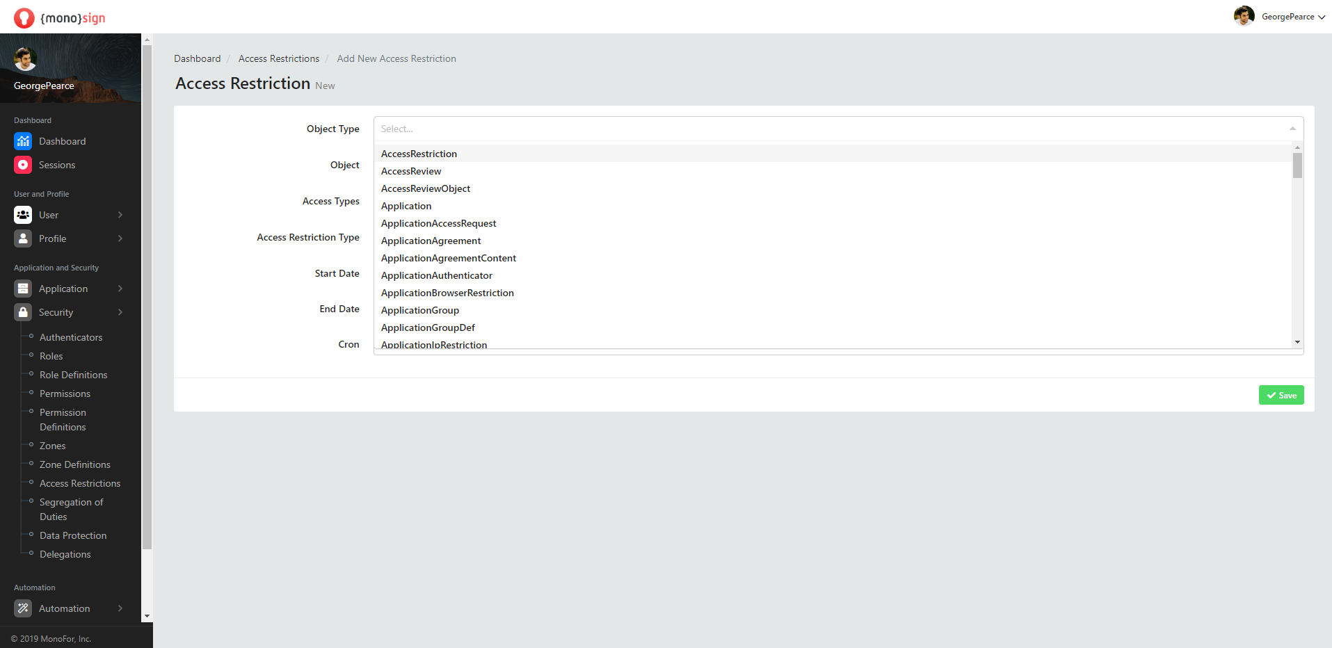 Security Access Restrictions Add New Access Restriction Object Type