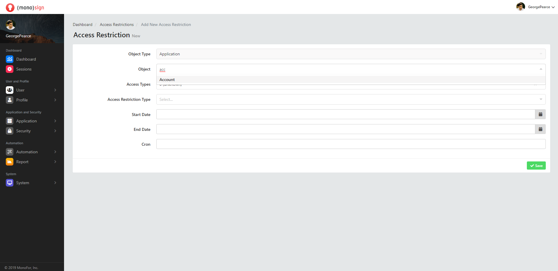 Security Access Restrictions Add New Access Restriction Object
