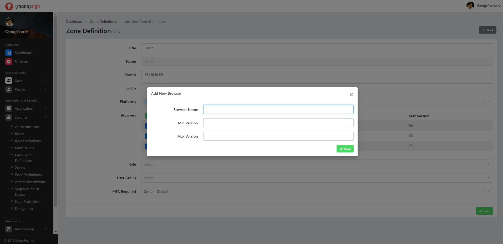 Security Zones Add New Zone Definition Browsers Add New Browser