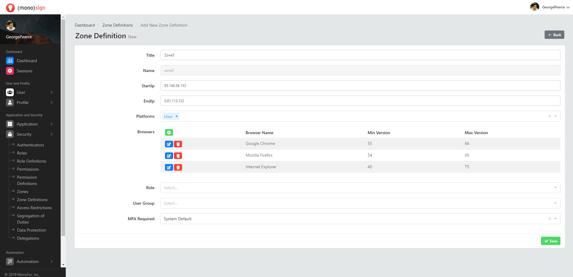 Security Zones Add New Zone Definition Browsers