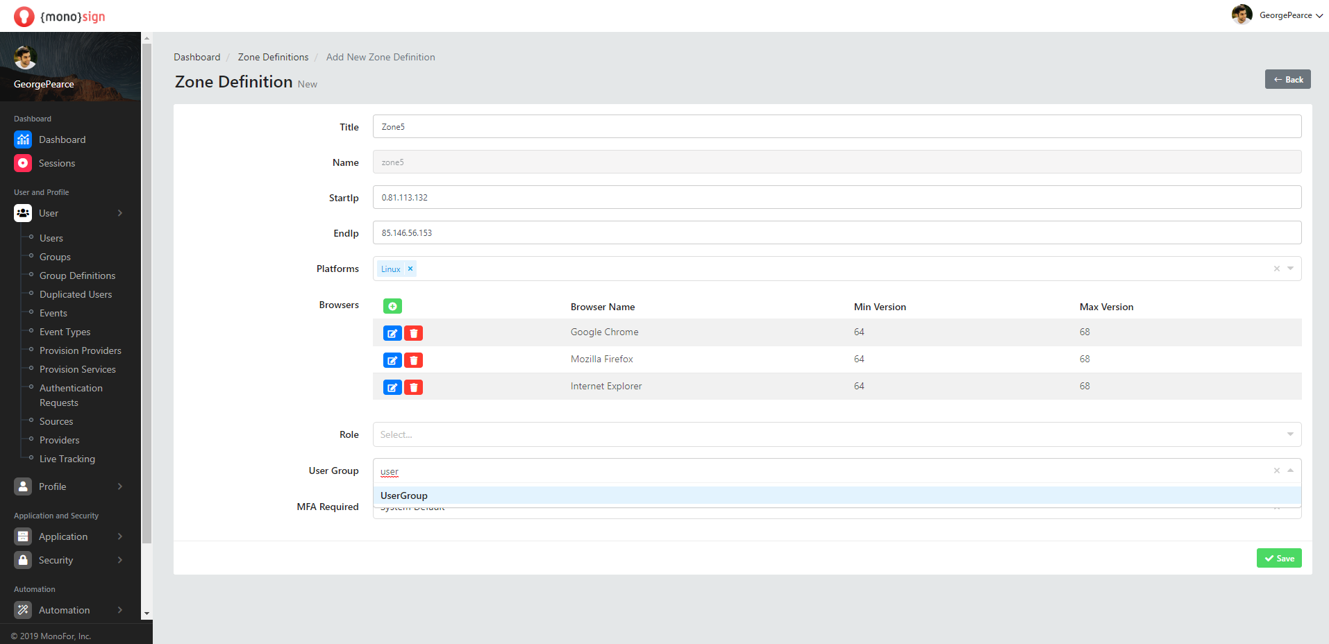 Security Zones Add New Zone Definition User Group